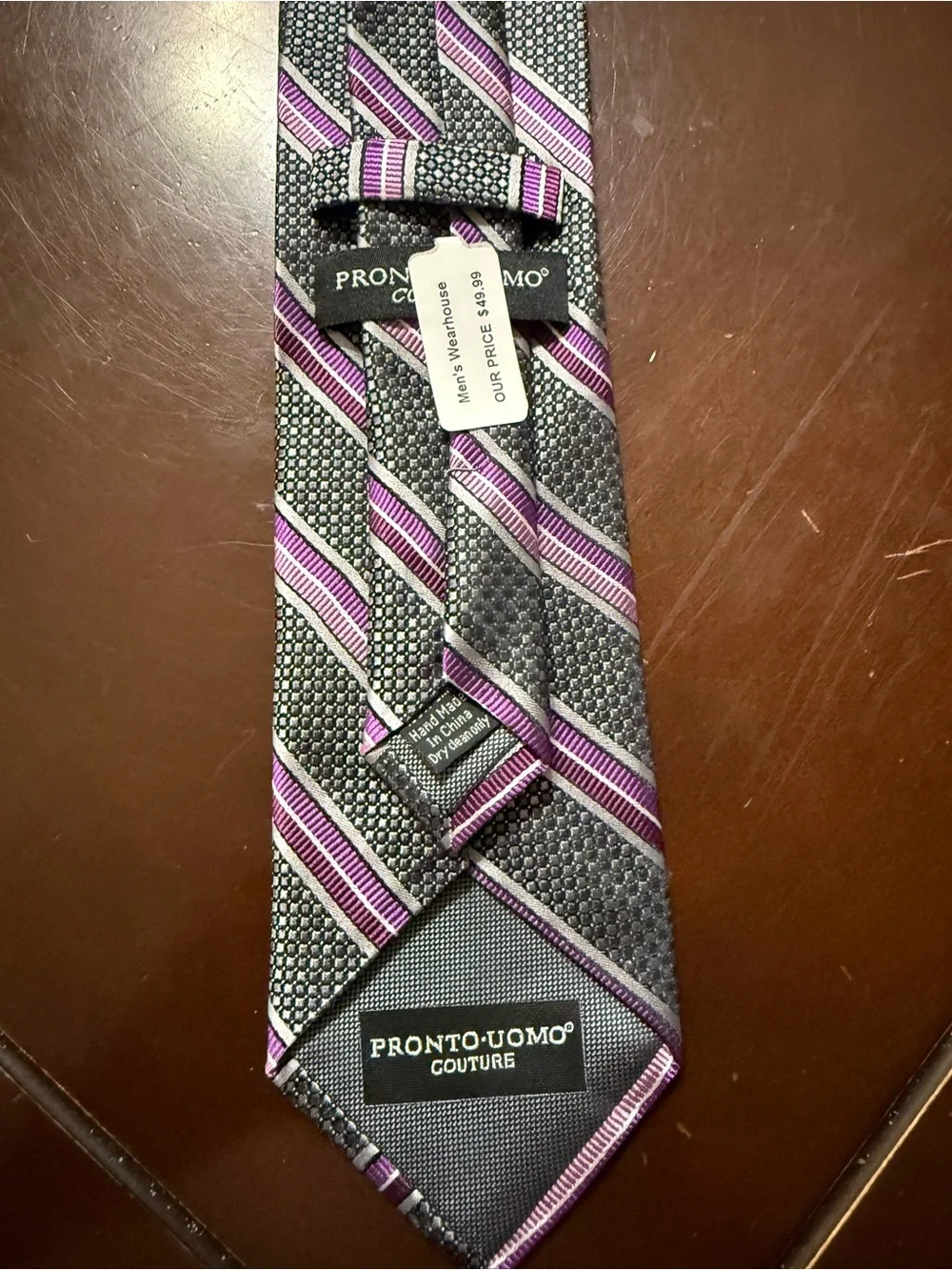 Pronto Uomo Gray Tie with Purple Stripes